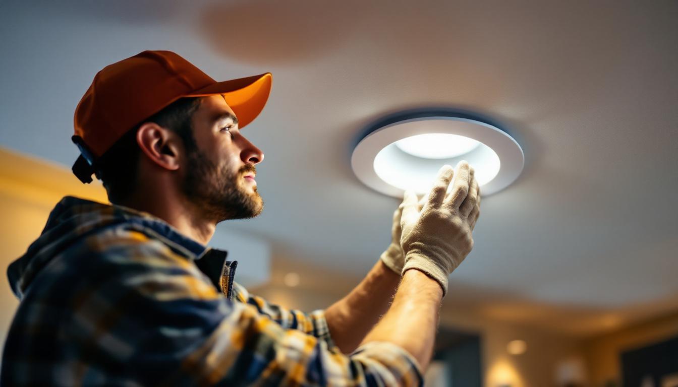 A photograph of a skilled lighting contractor installing a 4-inch recessed housing light in a modern home setting