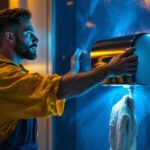 A photograph of a lighting contractor installing a sleek
