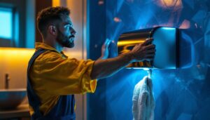 A photograph of a lighting contractor installing a sleek