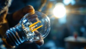 A photograph of a close-up of a type a light bulb base being installed or examined by a lighting contractor
