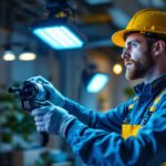 A photograph of a lighting contractor expertly installing uv filter lights in a modern setting