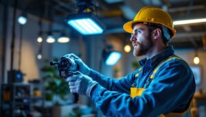 A photograph of a lighting contractor expertly installing uv filter lights in a modern setting