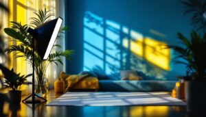 A photograph of a well-lit indoor or outdoor scene showcasing the effective use of a reflector to enhance natural light on a subject