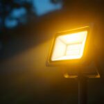 A photograph of a solar flood light illuminating an outdoor area at dusk