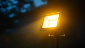 A photograph of a solar flood light illuminating an outdoor area at dusk