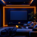 A photograph of a cozy home theatre setup featuring ambient lighting that highlights the seating area