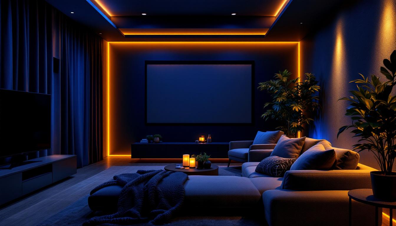 A photograph of a cozy home theatre setup featuring ambient lighting that highlights the seating area