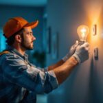 A photograph of a lighting contractor installing switch dimmable light bulbs in a modern home setting