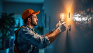 A photograph of a lighting contractor installing switch dimmable light bulbs in a modern home setting