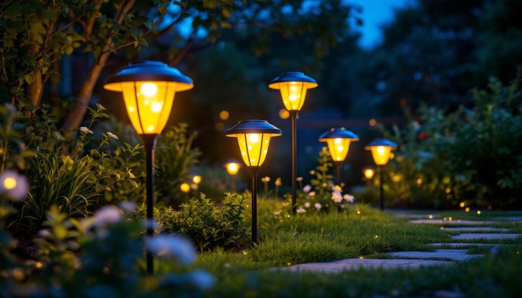 A photograph of a beautifully illuminated garden at dusk featuring led solar lights in various designs