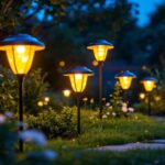 A photograph of a beautifully illuminated garden at dusk featuring led solar lights in various designs