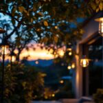 A photograph of a beautifully designed outdoor space featuring unique light fixtures in various styles