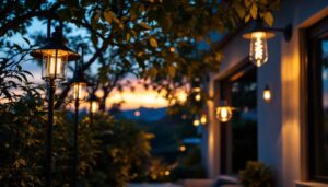A photograph of a beautifully designed outdoor space featuring unique light fixtures in various styles