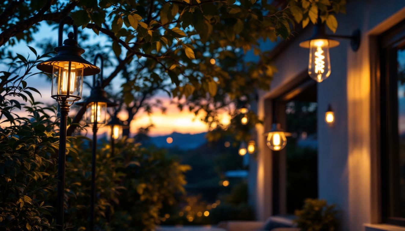 A photograph of a beautifully designed outdoor space featuring unique light fixtures in various styles