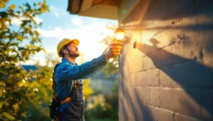 A photograph of a lighting contractor installing solar-powered lights in a residential outdoor setting