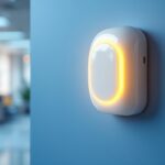 A photograph of a modern low voltage occupancy sensor installed in a well-lit office or commercial space