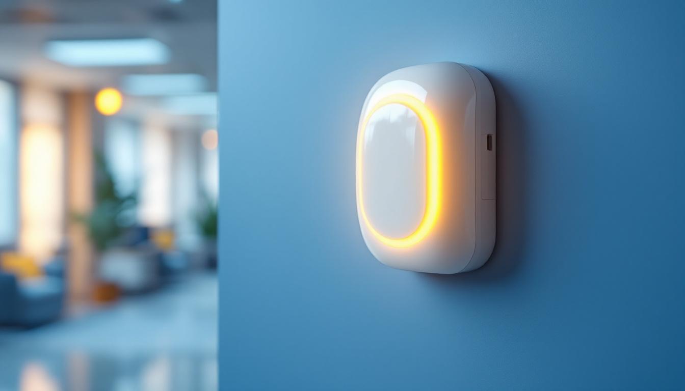 A photograph of a modern low voltage occupancy sensor installed in a well-lit office or commercial space