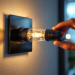 A photograph of a lighting contractor skillfully installing led bulbs in a stylish dimmer switch setup