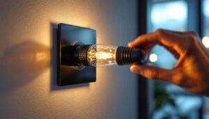 A photograph of a lighting contractor skillfully installing led bulbs in a stylish dimmer switch setup