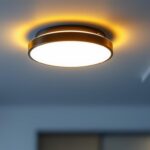 A photograph of a modern ceiling light flush fixture installed in a stylish interior setting
