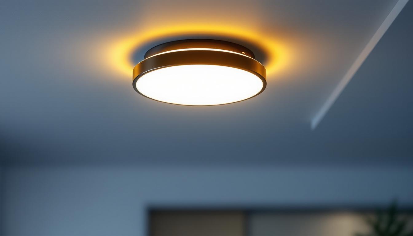 A photograph of a modern ceiling light flush fixture installed in a stylish interior setting
