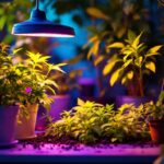A photograph of a well-lit indoor gardening setup featuring a 600w grow lamp in action