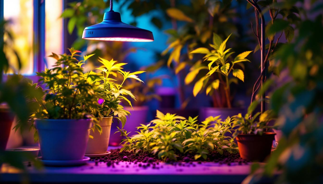 A photograph of a well-lit indoor gardening setup featuring a 600w grow lamp in action