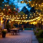 A photograph of a beautifully illuminated outdoor space featuring led light strings draped across trees or patio areas