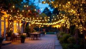 A photograph of a beautifully illuminated outdoor space featuring led light strings draped across trees or patio areas