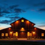 A photograph of a beautifully illuminated barn exterior at dusk