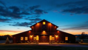 A photograph of a beautifully illuminated barn exterior at dusk