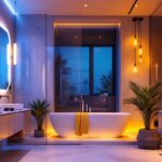 A photograph of a modern bathroom featuring stylish led lighting fixtures