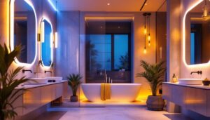 A photograph of a modern bathroom featuring stylish led lighting fixtures