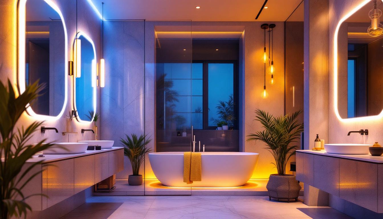 A photograph of a modern bathroom featuring stylish led lighting fixtures