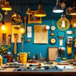 A photograph of a vibrant and well-lit workspace featuring a variety of colorful light fixtures and tools used by lighting contractors