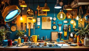 A photograph of a vibrant and well-lit workspace featuring a variety of colorful light fixtures and tools used by lighting contractors