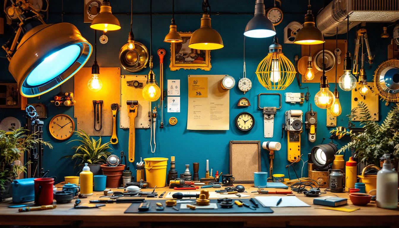 A photograph of a vibrant and well-lit workspace featuring a variety of colorful light fixtures and tools used by lighting contractors