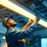A photograph of a lighting contractor expertly adjusting a dimmable fluorescent light fixture in a modern workspace