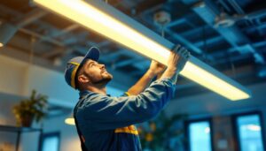 A photograph of a lighting contractor expertly adjusting a dimmable fluorescent light fixture in a modern workspace