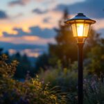 A photograph of a beautifully illuminated outdoor solar lamp post in a landscaped garden setting at dusk