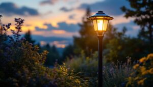 A photograph of a beautifully illuminated outdoor solar lamp post in a landscaped garden setting at dusk
