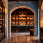 A photograph of a beautifully illuminated wine cellar
