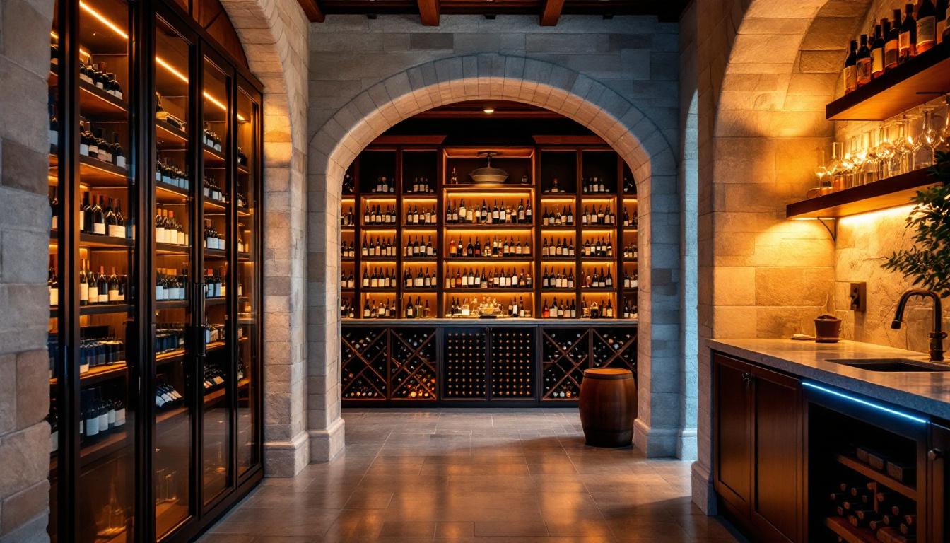 A photograph of a beautifully illuminated wine cellar