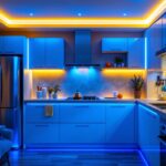 A photograph of a beautifully illuminated kitchen featuring stylish cabinets enhanced with vibrant led strip lights
