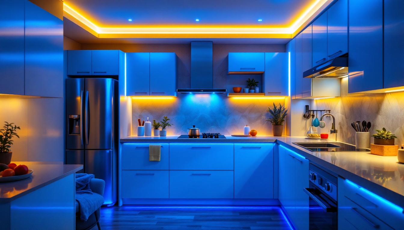 A photograph of a beautifully illuminated kitchen featuring stylish cabinets enhanced with vibrant led strip lights
