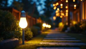 A photograph of a well-lit outdoor scene showcasing dusk to dawn light bulbs in action