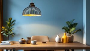A photograph of a beautifully styled interior space featuring a striking pendant light