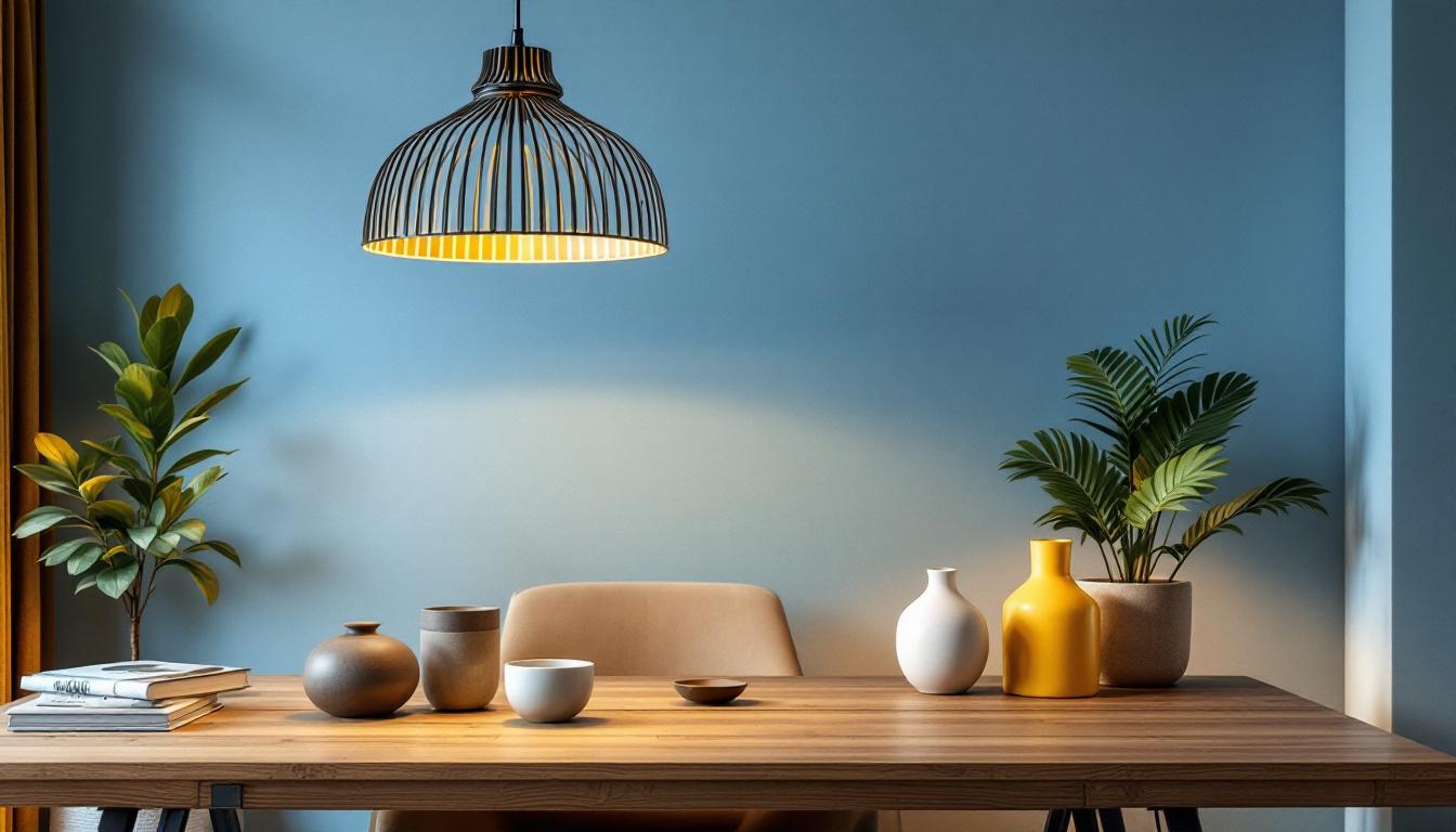 A photograph of a beautifully styled interior space featuring a striking pendant light