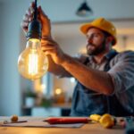 A photograph of a lighting contractor skillfully installing a 120v light bulb in a beautifully designed space