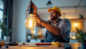 A photograph of a lighting contractor skillfully installing a 120v light bulb in a beautifully designed space